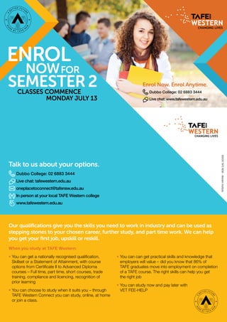 Semester 2
Enrol
classes commence
nowfor
Monday July 13
Our qualifications give you the skills you need to work in industry and can be used as
stepping stones to your chosen career, further study, and part time work. We can help
you get your first job, upskill or reskill.
When you study at TAFE Western:
•	You can get a nationally recognised qualification,
Skillset or a Statement of Attainment, with course
options from Certificate II to Advanced Diploma
courses – Full time, part time, short courses, trade
training, compliance and licencing, recognition of
prior learning
•	You can choose to study when it suits you – through
TAFE Western Connect you can study, online, at home
or join a class.
•	You can can get practical skills and knowledge that
employers will value – did you know that 86% of
TAFE graduates move into employment on completion
of a TAFE course. The right skills can help you get
the right job
•	You can study now and pay later with
VET FEE-HELP
90009TAFENSW–WesternInstitute.
Dubbo College: 02 6883 3444
Live chat: www.tafewestern.edu.au
Enrol Now. Enrol Anytime.
Dubbo College: 02 6883 3444
Live chat: tafewestern.edu.au
oneplacetoconnect@tafensw.edu.au
In person at your local TAFE Western college
www.tafewestern.edu.au
Talk to us about your options.
 