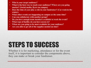 STEPS TO SUCCESS
Whether it is for marketing, attendance or for the event
itself, it is important to consider the componen...