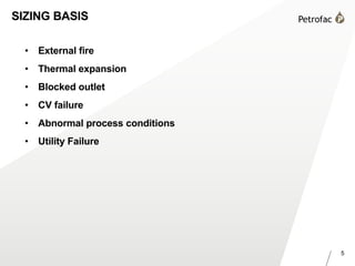 5
SIZING BASIS
• External fire
• Thermal expansion
• Blocked outlet
• CV failure
• Abnormal process conditions
• Utility Failure
 