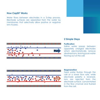 How CapDI©
Works
Water flows between electrodes in a 2-step process.
Electrode surfaces are separated from the water by
membranes that selectively allow positive or negative
ions to pass.
2 Simple Steps
Purification
Saline water passes between
oppositely charged electrodes
which electrostatically remove
dissolved ions, leaving pure water
flowing out of the cell.
Regeneration
Feed water flushes through the
cell at a lower flow rate, while
electrode polarity is reversed.
Ions are rejected from the
electrode surface, concentrated
in the flow channel and flushed
from the cell.
 