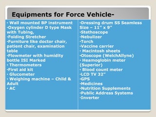 Equipments for Force Vehicle-
• Wall mounted BP instrument
•Oxygen cylinder D type Mask
with Tubing,
•Folding Stretcher
•Furniture like doctor chair,
patient chair, examination
table
•Flowmeter with humidity
bottle ISI Marked
• Thermometers
•First aid kit
• Glucometer
• Weighing machine – Child &
Adult
• AC
•Dressing drum SS Seamless
Size – 11” x 9”
•Stethoscope
•Nebulizer
•Torch
•Vaccine carrier
• Macintosh sheets
•Otoscope (WelchAllyne)
• Heamoglobin meter
(Superior)
• Blood count meter
•LCD TV 32”
•GPS
•Medicines
•Nutrition Supplements
•Public Address Systems
•Inverter
 