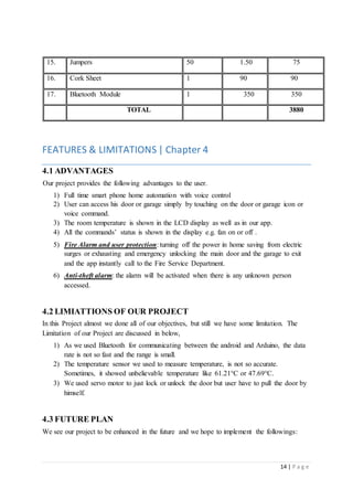14 | P a g e
15. Jumpers 50 1.50 75
16. Cork Sheet 1 90 90
17. Bluetooth Module 1 350 350
TOTAL 3880
FEATURES & LIMITATIONS | Chapter 4
4.1 ADVANTAGES
Our project provides the following advantages to the user.
1) Full time smart phone home automation with voice control
2) User can access his door or garage simply by touching on the door or garage icon or
voice command.
3) The room temperature is shown in the LCD display as well as in our app.
4) All the commands’ status is shown in the display e.g. fan on or off .
5) Fire Alarm and user protection: turning off the power in home saving from electric
surges or exhausting and emergency unlocking the main door and the garage to exit
and the app instantly call to the Fire Service Department.
6) Anti-theft alarm: the alarm will be activated when there is any unknown person
accessed.
4.2 LIMIATTIONS OF OUR PROJECT
In this Project almost we done all of our objectives, but still we have some limitation. The
Limitation of our Project are discussed in below,
1) As we used Bluetooth for communicating between the android and Arduino, the data
rate is not so fast and the range is small.
2) The temperature sensor we used to measure temperature, is not so accurate.
Sometimes, it showed unbelievable temperature like 61.21°C or 47.69°C.
3) We used servo motor to just lock or unlock the door but user have to pull the door by
himself.
4.3 FUTURE PLAN
We see our project to be enhanced in the future and we hope to implement the followings:
 