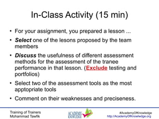 Training of Trainers
Mohammad Tawfik
#AcademyOfKnowledge
http://AcademyOfKnowlwdge.org
In-Class Activity (15 min)
●
For your assignment, you prepared a lesson ...
●
Select one of the lesons proposed by the team
members
●
Discuss the usefulness of different assessment
methods for the assessment of the tranee
performance in that lesson. (Exclude testing and
portfolios)
●
Select two of the assessment tools as the most
apptopriate tools
●
Comment on their weaknesses and preciseness.
 