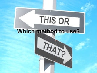 Training of Trainers
Mohammad Tawfik
#AcademyOfKnowledge
http://AcademyOfKnowlwdge.org
Which method to use?Which method to use?
 