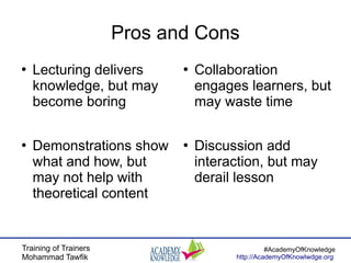 Training of Trainers
Mohammad Tawfik
#AcademyOfKnowledge
http://AcademyOfKnowlwdge.org
Pros and Cons
●
Lecturing delivers
knowledge, but may
become boring
●
Demonstrations show
what and how, but
may not help with
theoretical content
●
Collaboration
engages learners, but
may waste time
●
Discussion add
interaction, but may
derail lesson
 