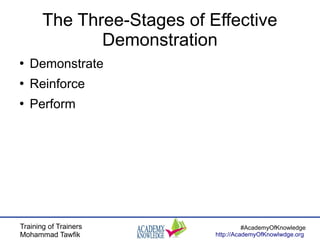 Training of Trainers
Mohammad Tawfik
#AcademyOfKnowledge
http://AcademyOfKnowlwdge.org
The Three-Stages of Effective
Demonstration
●
Demonstrate
●
Reinforce
●
Perform
 