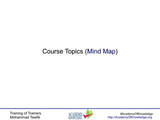 Training of Trainers
Mohammad Tawfik
#AcademyOfKnowledge
http://AcademyOfKnowlwdge.org
Course Topics (Mind Map)
 