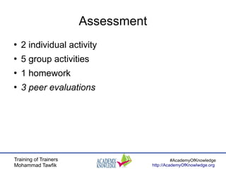 Training of Trainers
Mohammad Tawfik
#AcademyOfKnowledge
http://AcademyOfKnowlwdge.org
Assessment
●
2 individual activity
●
5 group activities
●
1 homework
●
3 peer evaluations
 
