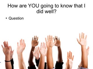 Training of Trainers
Mohammad Tawfik
#AcademyOfKnowledge
http://AcademyOfKnowlwdge.org
How are YOU going to know that I
did well?
●
Question
 