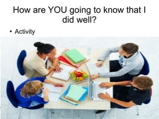 Training of Trainers
Mohammad Tawfik
#AcademyOfKnowledge
http://AcademyOfKnowlwdge.org
How are YOU going to know that I
did well?
●
Activity
 