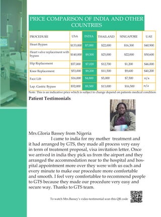 Patient Testimonials
Mrs.Gloria Bassey from Nigeria
I came to india for my mother treatment and
it had arranged by GTS, they made all process very easy
in term of treatment proposal, visa invitation letter. Once
we arrived in india they pick us from the airport and they
arranged the accommodation near to the hospital and hos-
pital appointment more over they were with us each and
every minute to make our procedure more comfortable
and smooth. I feel very comfortablee to recommend people
to GTS because they made our procedure very easy and
secure way. Thanks to GTS team.
PRICE COMPARISON OF INDIA AND OTHER
COUNTRIES
To watch Mrs.Bassey’s video testimonial scan this QR code
Heart Bypass
Heart valve replacement with
bypass
Hip Replacement
Knee Replacement
Face Lift
Lap. Gastric Bypass
PROCEDURE USA INDIA THAILAND SINGAPORE
$133,000
$140,000
$57,000
$53,000
$16,000
$52,000
$7,000
$9,500
$7,020
$9,200
$4,800
$9,300
$22,000
$12,700
$25,000
$11,500
$5,000
$13,000
$16,300
$22,000
$1,200
$9,600
$7,500
$16,500
UAE
$40,900
$50,600
$46,000
$40,200
n/a
n/a
Note: This is an indicative price which is subject to change depend on patients medical condition
 