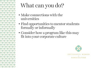 What can you do?
• Make connections with the
universities
• Find opportunities to mentor students
formally or informally
• Consider how a program like this may
fit into your corporate culture
 