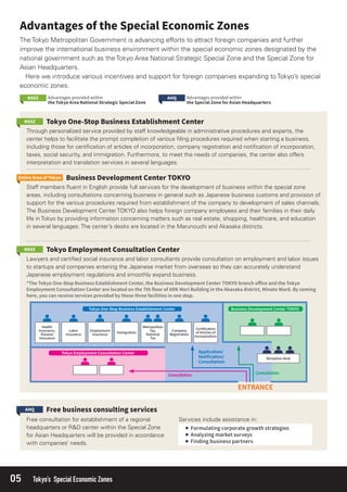 05 Tokyo’s Special Economic Zones
The Tokyo Metropolitan Government is advancing efforts to attract foreign companies and further
improve the international business environment within the special economic zones designated by the
national government such as the Tokyo Area National Strategic Special Zone and the Special Zone for
Asian Headquarters.
Here we introduce various incentives and support for foreign companies expanding to Tokyo’s special
economic zones.
Free consultation for establishment of a regional
headquarters or R&D center within the Special Zone
for Asian Headquarters will be provided in accordance
with companies’ needs.
Services include assistance in:
Through personalized service provided by staff knowledgeable in administrative procedures and experts, the
center helps to facilitate the prompt completion of various ﬁling procedures required when starting a business,
including those for certiﬁcation of articles of incorporation, company registration and notiﬁcation of incorporation,
taxes, social security, and immigration. Furthermore, to meet the needs of companies, the center also offers
interpretation and translation services in several languages.
Staff members ﬂuent in English provide full services for the development of business within the special zone
areas, including consultations concerning business in general such as Japanese business customs and provision of
support for the various procedures required from establishment of the company to development of sales channels.
The Business Development Center TOKYO also helps foreign company employees and their families in their daily
life in Tokyo by providing information concerning matters such as real estate, shopping, healthcare, and education
in several languages. The center’s desks are located in the Marunouchi and Akasaka districts.
Lawyers and certiﬁed social insurance and labor consultants provide consultation on employment and labor issues
to startups and companies entering the Japanese market from overseas so they can accurately understand
Japanese employment regulations and smoothly expand business.
 