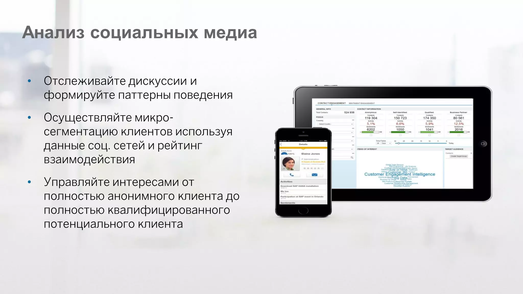 Анализ социальных медиа 
•Отслеживайте дискуссии и формируйте паттерны поведения 
•Осуществляйте микро- сегментацию клиентов используя данные соц. сетей и рейтинг взаимодействия 
•Управляйте интересами от полностью анонимного клиента до полностью квалифицированного потенциального клиента  