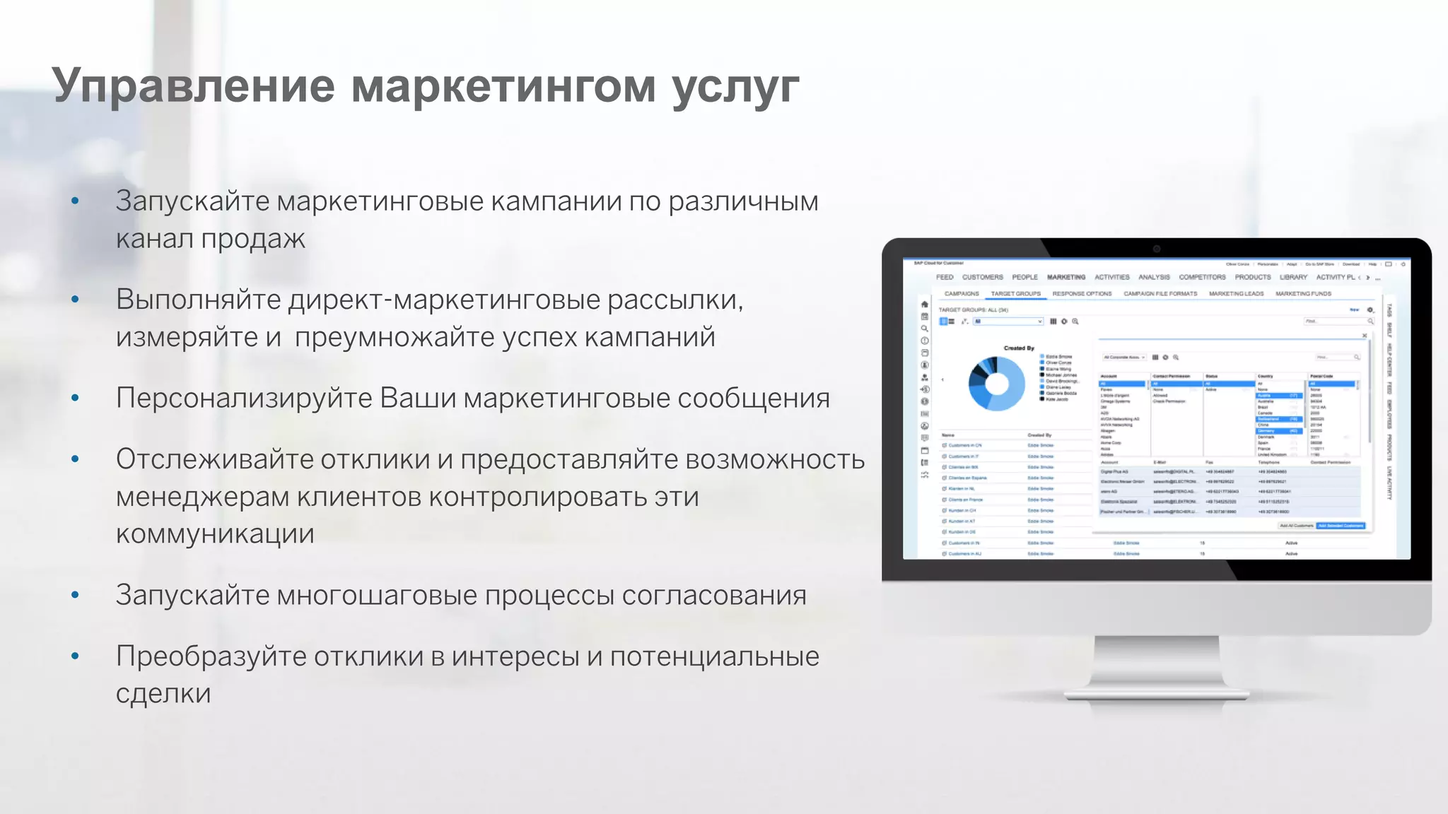©2014 SAP AG or an SAP affiliate company. All rights reserved. 
28 
Управление маркетингом услуг 
•Запускайте маркетинговые кампании по различным канал продаж 
•Выполняйте директ-маркетинговые рассылки, измеряйте и преумножайте успех кампаний 
•Персонализируйте Ваши маркетинговые сообщения 
•Отслеживайте отклики и предоставляйте возможность менеджерам клиентов контролировать эти коммуникации 
•Запускайте многошаговые процессы согласования 
•Преобразуйте отклики в интересы и потенциальные сделки  