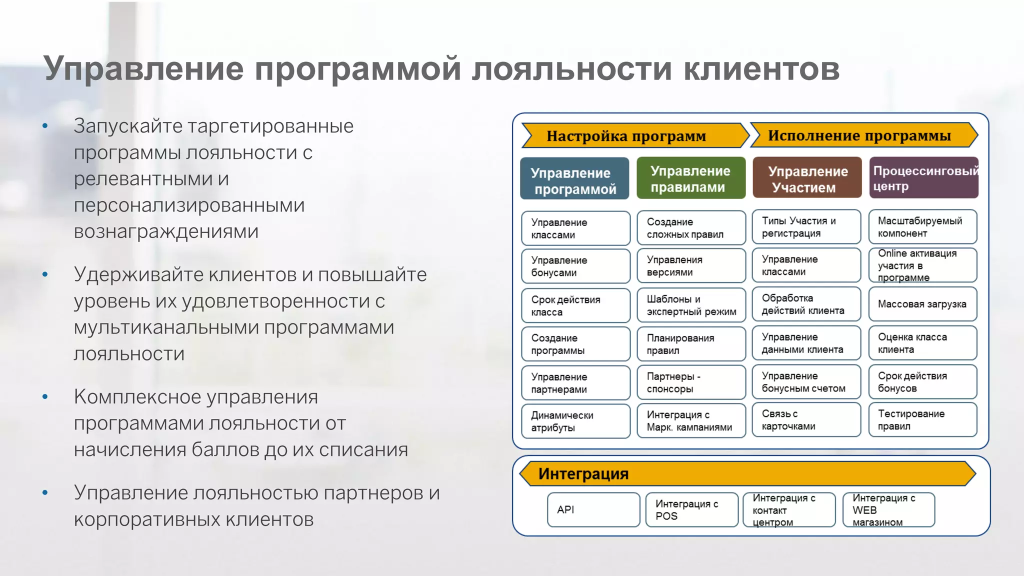 Управление программой лояльности клиентов 
•Запускайте таргетированные программы лояльности с релевантными и персонализированными вознаграждениями 
•Удерживайте клиентов и повышайте уровень их удовлетворенности с мультиканальными программами лояльности 
•Комплексное управления программами лояльности от начисления баллов до их списания 
•Управление лояльностью партнеров и корпоративных клиентов  