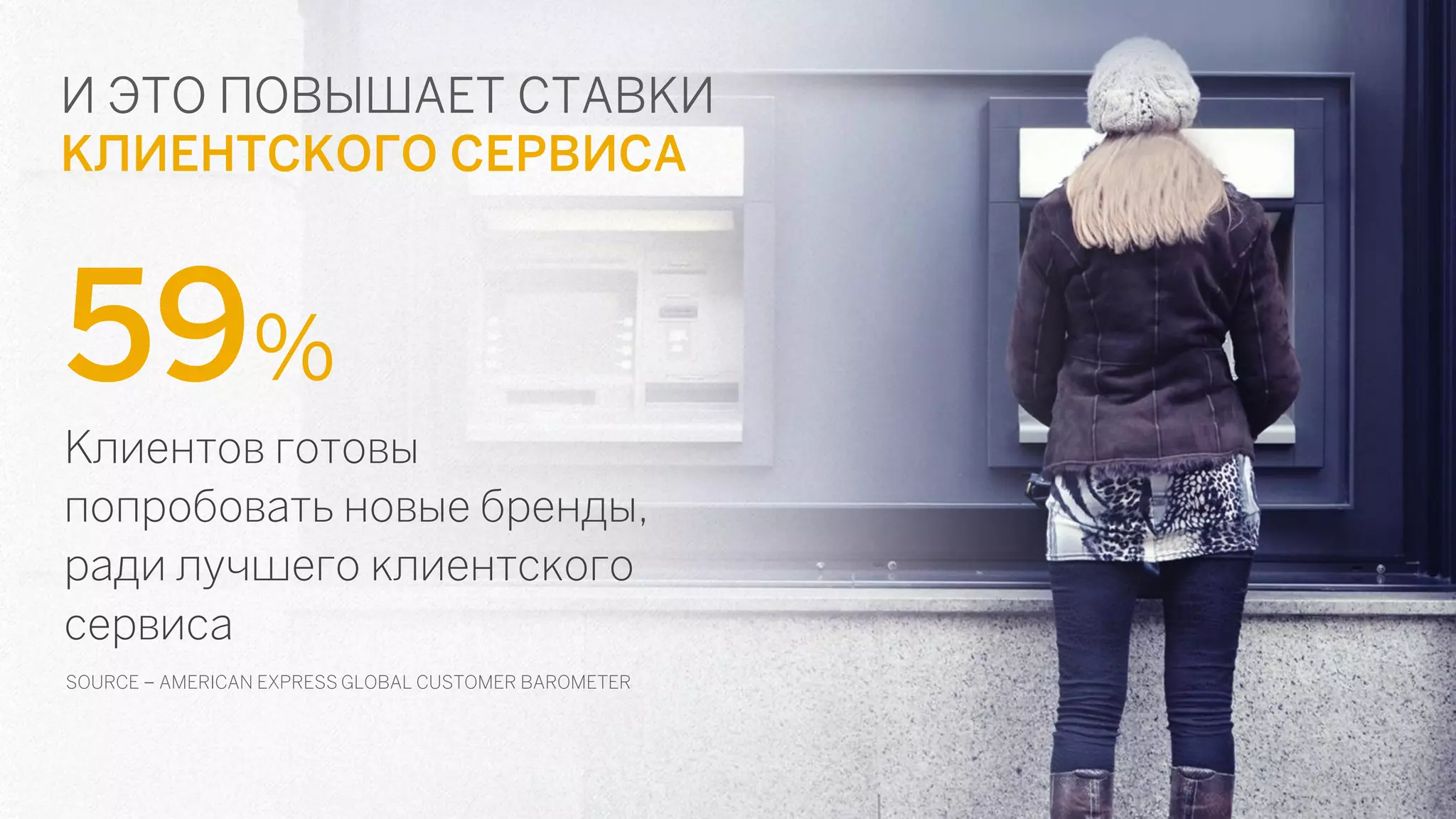 59% 
Клиентов готовы попробовать новые бренды, ради лучшего клиентского сервиса 
SOURCE – AMERICAN EXPRESS GLOBAL CUSTOMER BAROMETER 
И ЭТО ПОВЫШАЕТ СТАВКИ 
КЛИЕНТСКОГО СЕРВИСА  