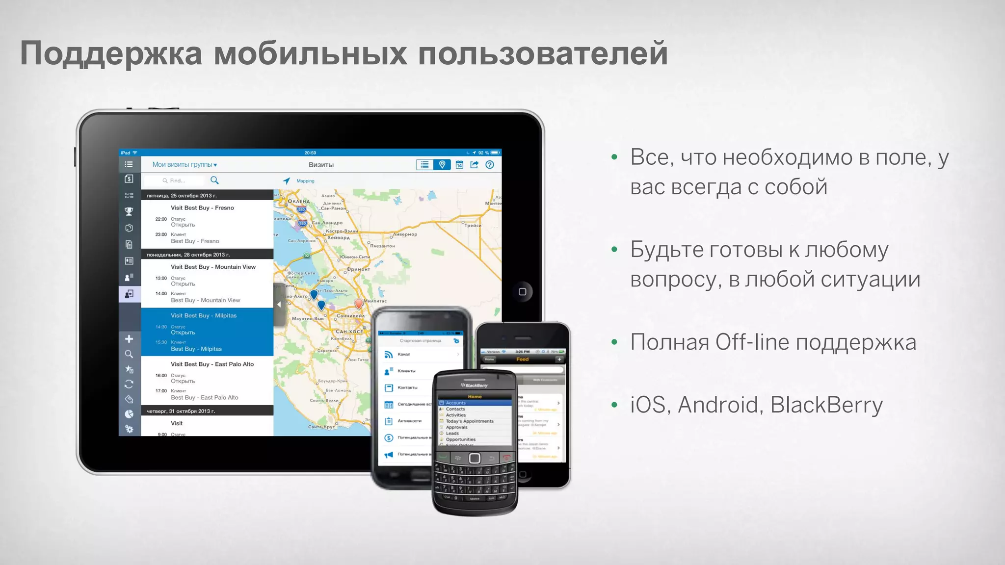 ©2012 SAP AG. All rights reserved. 
40 
Поддержка мобильных пользователей 
•Все, что необходимо в поле, у вас всегда с собой 
•Будьте готовы к любому вопросу, в любой ситуации 
•Полная Off-line поддержка 
•iOS, Android, BlackBerry  