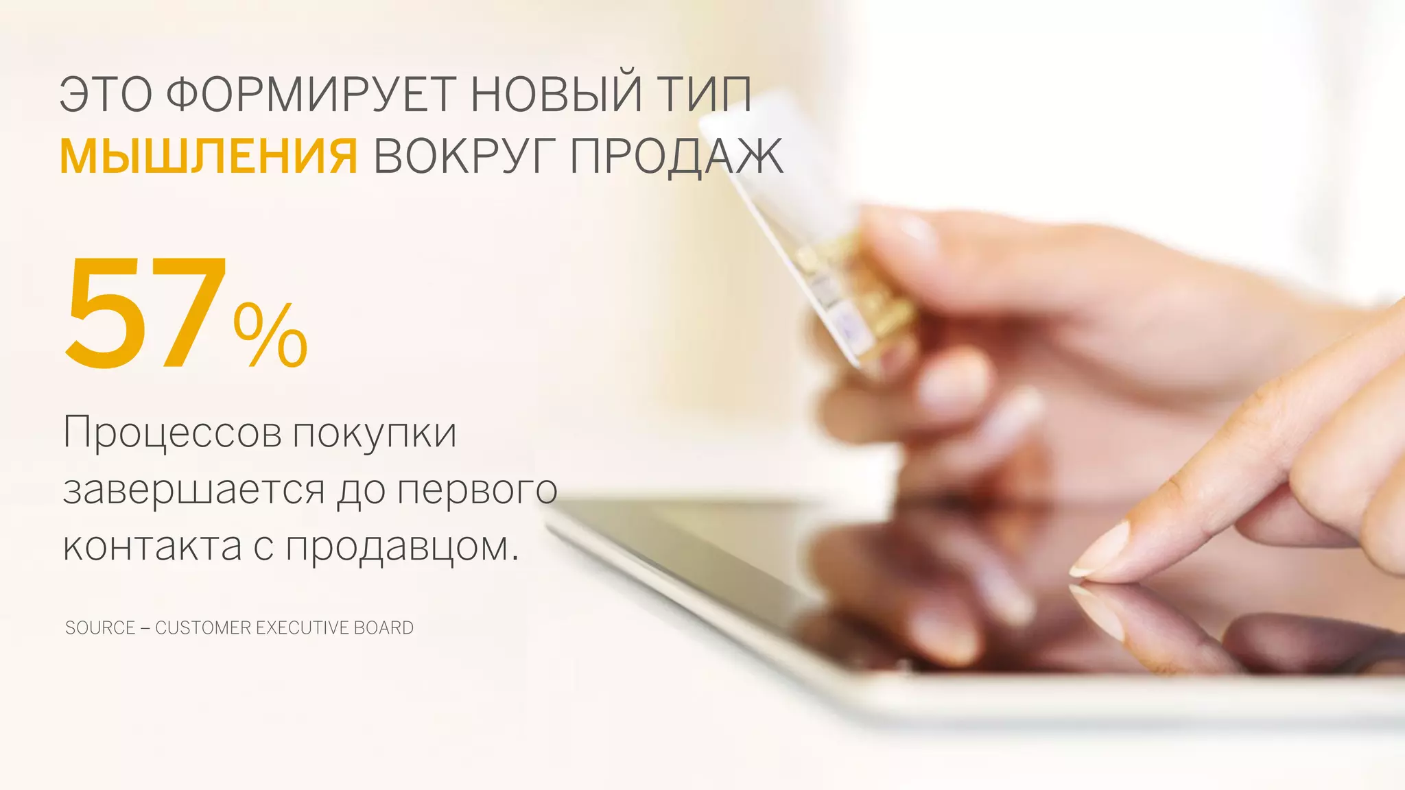 57% 
Процессов покупки завершается до первого контакта с продавцом. 
SOURCE – CUSTOMER EXECUTIVE BOARD 
ЭТО ФОРМИРУЕТ НОВЫЙ ТИП МЫШЛЕНИЯ ВОКРУГ ПРОДАЖ  