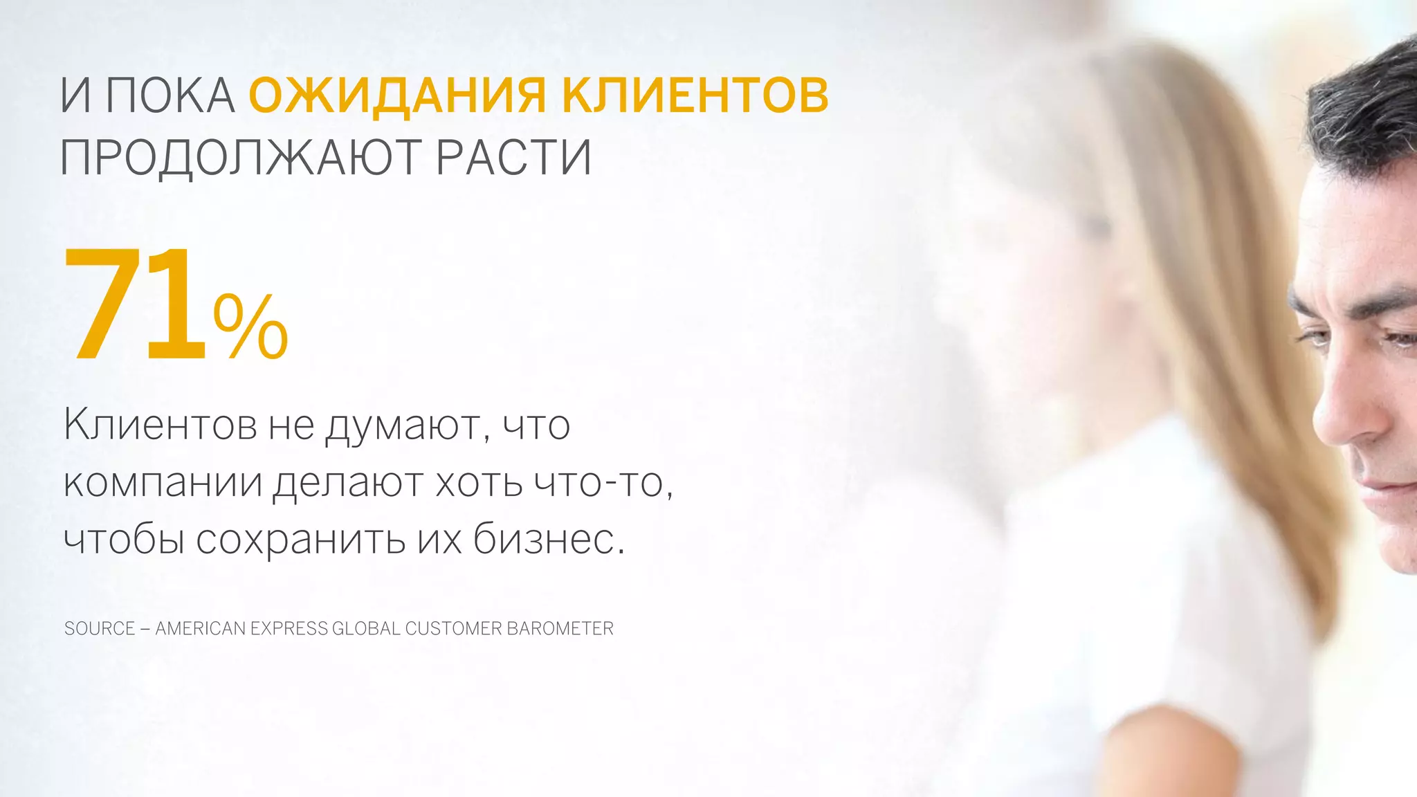 71% 
Клиентов не думают, что компании делают хоть что-то, чтобы сохранить их бизнес. 
И ПОКА ОЖИДАНИЯ КЛИЕНТОВ 
ПРОДОЛЖАЮТ РАСТИ 
SOURCE – AMERICAN EXPRESS GLOBAL CUSTOMER BAROMETER  