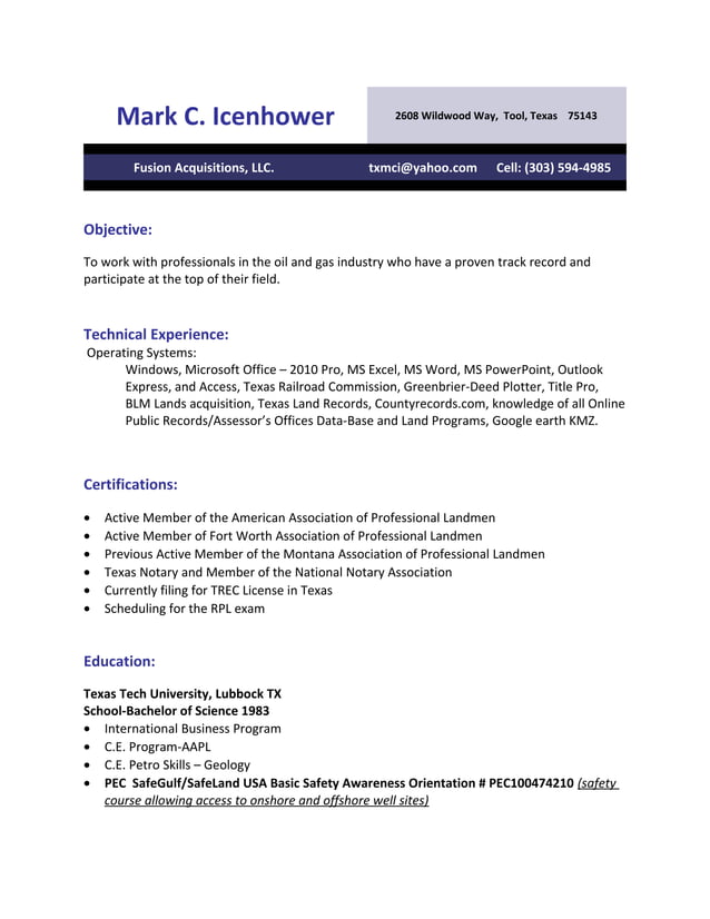 Mark C Icenhower Landman Resume - Mark C Icenhower Landman Resume 2015 1 638