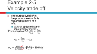 Example 2-5
Velocity trade off
 The output cylinder in
the previous example is
required to move at 4
in/s.
 At what speed must the
input cylinder move?
𝑣𝑖𝑛 =
4.909 𝑖𝑛2
0.7854 𝑖𝑛2 ∙
4 𝑖𝑛
𝑠
= 250 in/s
From equation 2-6:
𝑣 𝑖𝑛
𝑣 𝑜𝑢𝑡
=
𝐴 𝑜𝑢𝑡
𝐴 𝑖𝑛
𝑣𝑖𝑛 =
𝐴 𝑜𝑢𝑡
𝐴 𝑖𝑛
∙ 𝑣 𝑜𝑢𝑡
𝑣𝑖𝑛 =
4.909 𝑖𝑛2
0.7854 𝑖𝑛2 ∙
4 𝑖𝑛
𝑠
= 250 in/s
 