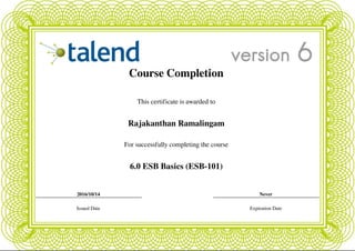 Course Completion
This certificate is awarded to
Rajakanthan Ramalingam
For successfully completing the course
6.0 ESB Basics (ESB-101)
2016/10/14 Never
Issued Date Expiration Date
Powered by TCPDF (www.tcpdf.org)
 