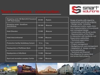 Team references - construction:
Shopping center М5 Mall (ECE Russland
/ PPF Real Estate)
60 000 Ryazan
Shopping center GoodZone
(Immofinanz)
150 000 Moscow
Hotel Sheraton 13 000 Moscow
Hotel Intercontinental 15 000 Moscow
Production facility Heidelberg Cement 12 га Tula
Headquarters of Raiffeisen Bank 24 000 Moscow
Headquarters of Alfa-Bank 13 000 Barnaul
Sport and recreation complex Caribia 4 500 Moscow
Scope of works with regard to
construction and fit-out projects:
- Design works including
development and/or supervision
over implementation of brand-book
and conceptual design
- Construction and fit-out works
- Representation of the Client
In interaction with landlords and
Supervision authorities
- Technical supervision
over construction
- Project management
- Budgeting and cost-management
- Adaptation of design concept,
reconceptualizing
- Technical and financial
Due diligence for green-field
and brown-field projects
 