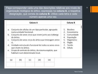 Faça corresponder cada uma das descrições relativas aos níveis de           9

organização biológica do ártico, expressas na coluna A, a respetiva
   designação, que consta da coluna B. Utilize cada letra e cada
                     número apenas uma vez.




                                                             Nuno Correia
 