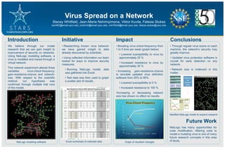 Virus Spread on a Network
Stacey Whitfield, Jean-Marie Nshimiyimana, Viktor Kuvila, Felesia Stukes
swhitfi2@email.cpcc.edu, jnshimi0@email.cpcc.edu, vnk794c6@email.cpcc.edu, felesia.stukes@cpcc.edu
NetLogo modeling software Excel worksheet of collected data
Impact
• Boosting virus-check-frequency from
1 to 5 time per week (graph below)
• Lowered susceptibility to virus by
approximately 25 %
• Increased resistance to virus by
approximately 30 %
• Increasing gain-resistance-chance
to simulate updated virus definition
software from 20% to 95%
• Lowered susceptibility to 0 %
• Increased resistance to 100 %
•Increasing or decreasing network
size has shown no effect on results.
Future Work
NetLogo has many opportunities for
code modification. Altering code to
model a mutating virus is one of many
future research concepts in this area
of study.
Modified NetLogo model to expand research
Conclusions
• Through regular virus scans on each
machine, the network’s security may
greatly improve.
• Updated virus protection software is
crucial for early detection on any
network.
• Network size is irrelevant in this
matter.
Initiative
• Researching known virus behavior
we have gained insight to data
already discovered by scientists.
• Using collected information our team
looked for ways to improve security
measures.
• Running NetLogo model, data
was gathered into Excel.
• Test data was then used to graph
a scatter plot of results.
Introduction
We believe through our model
research that we can gain insight to
improvement of security on networks.
Using NetLogo modeling software, a
virus is modeled and traced through a
virtual network.
This network experiment altered three
variables: virus-check-frequency,
gain-resistance-chance and network-
size. With respect to the scientific
method, our hypothesis was
confirmed through multiple trial runs
of this model.
Graph of resultant changes
 