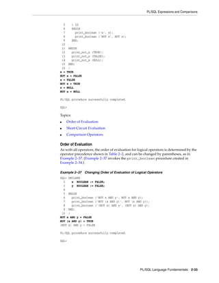 PL/SQL Expressions and Comparisons 
PL/SQL Language Fundamentals 2-33 
5 ) IS 
6 BEGIN 
7 print_boolean ('x', x); 
8 print_boolean ('NOT x', NOT x); 
9 END; 
10 
11 BEGIN 
12 print_not_x (TRUE); 
13 print_not_x (FALSE); 
14 print_not_x (NULL); 
15 END; 
16 / 
x = TRUE 
NOT x = FALSE 
x = FALSE 
NOT x = TRUE 
x = NULL 
NOT x = NULL 
PL/SQL procedure successfully completed. 
SQL> 
Topics: 
■ Order of Evaluation 
■ Short-Circuit Evaluation 
■ Comparison Operators 
Order of Evaluation 
As with all operators, the order of evaluation for logical operators is determined by the 
operator precedence shown in Table 2–2, and can be changed by parentheses, as in 
Example 2–37. (Example 2–37 invokes the print_boolean procedure created in 
Example 2–34.) 
Example 2–37 Changing Order of Evaluation of Logical Operators 
SQL> DECLARE 
2 x BOOLEAN := FALSE; 
3 y BOOLEAN := FALSE; 
4 
5 BEGIN 
6 print_boolean ('NOT x AND y', NOT x AND y); 
7 print_boolean ('NOT (x AND y)', NOT (x AND y)); 
8 print_boolean ('(NOT x) AND y', (NOT x) AND y); 
9 END; 
10 / 
NOT x AND y = FALSE 
NOT (x AND y) = TRUE 
(NOT x) AND y = FALSE 
PL/SQL procedure successfully completed. 
SQL> 
 