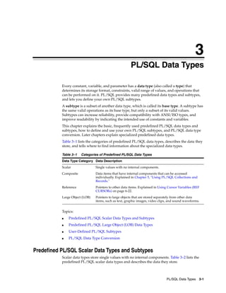 3 
3 PL/SQL Data Types 
Every constant, variable, and parameter has a data type (also called a type) that 
determines its storage format, constraints, valid range of values, and operations that 
can be performed on it. PL/SQL provides many predefined data types and subtypes, 
and lets you define your own PL/SQL subtypes. 
A subtype is a subset of another data type, which is called its base type. A subtype has 
the same valid operations as its base type, but only a subset of its valid values. 
Subtypes can increase reliability, provide compatibility with ANSI/ISO types, and 
improve readability by indicating the intended use of constants and variables. 
This chapter explains the basic, frequently used predefined PL/SQL data types and 
subtypes, how to define and use your own PL/SQL subtypes, and PL/SQL data type 
conversion. Later chapters explain specialized predefined data types. 
Table 3–1 lists the categories of predefined PL/SQL data types, describes the data they 
store, and tells where to find information about the specialized data types. 
Table 3–1 Categories of Predefined PL/SQL Data Types 
Data Type Category Data Description 
Scalar Single values with no internal components. 
Composite Data items that have internal components that can be accessed 
individually. Explained in Chapter 5, "Using PL/SQL Collections and 
Records." 
Reference Pointers to other data items. Explained in Using Cursor Variables (REF 
Large Object (LOB) Pointers to large objects that are stored separately from other data 
items, such as text, graphic images, video clips, and sound waveforms. 
PL/SQL Data Types 3-1 
Topics: 
CURSORs) on page 6-22. 
■ Predefined PL/SQL Scalar Data Types and Subtypes 
■ Predefined PL/SQL Large Object (LOB) Data Types 
■ User-Defined PL/SQL Subtypes 
■ PL/SQL Data Type Conversion 
Predefined PL/SQL Scalar Data Types and Subtypes 
Scalar data types store single values with no internal components. Table 3–2 lists the 
predefined PL/SQL scalar data types and describes the data they store. 
 