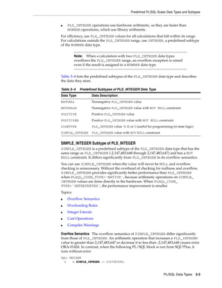Predefined PL/SQL Scalar Data Types and Subtypes 
■ PLS_INTEGER operations use hardware arithmetic, so they are faster than 
Note: When a calculation with two PLS_INTEGER data types 
overflows the PLS_INTEGER range, an overflow exception is raised 
even if the result is assigned to a NUMBER data type. 
Table 3–4 Predefined Subtypes of PLS_INTEGER Data Type 
Data Type Data Description 
NATURAL Nonnegative PLS_INTEGER value 
NATURALN Nonnegative PLS_INTEGER value with NOT NULL constraint 
POSITIVE Positive PLS_INTEGER value 
POSITIVEN Positive PLS_INTEGER value with NOT NULL constraint 
SIGNTYPE PLS_INTEGER value -1, 0, or 1 (useful for programming tri-state logic) 
SIMPLE_INTEGER PLS_INTEGER value with NOT NULL constraint 
PL/SQL Data Types 3-3 
NUMBER operations, which use library arithmetic. 
For efficiency, use PLS_INTEGER values for all calculations that fall within its range. 
For calculations outside the PLS_INTEGER range, use INTEGER, a predefined subtype 
of the NUMBER data type. 
Table 3–4 lists the predefined subtypes of the PLS_INTEGER data type and describes 
the data they store. 
SIMPLE_INTEGER Subtype of PLS_INTEGER 
SIMPLE_INTEGER is a predefined subtype of the PLS_INTEGER data type that has the 
same range as PLS_INTEGER (-2,147,483,648 through 2,147,483,647) and has a NOT 
NULL constraint. It differs significantly from PLS_INTEGER in its overflow semantics. 
You can use SIMPLE_INTEGER when the value will never be NULL and overflow 
checking is unnecessary. Without the overhead of checking for nullness and overflow, 
SIMPLE_INTEGER provides significantly better performance than PLS_INTEGER 
when PLSQL_CODE_TYPE='NATIVE', because arithmetic operations on SIMPLE_ 
INTEGER values are done directly in the hardware. When PLSQL_CODE_ 
TYPE='INTERPRETED', the performance improvement is smaller. 
Topics: 
■ Overflow Semantics 
■ Overloading Rules 
■ Integer Literals 
■ Cast Operations 
■ Compiler Warnings 
Overflow Semantics The overflow semantics of SIMPLE_INTEGER differ significantly 
from those of PLS_INTEGER. An arithmetic operation that increases a PLS_INTEGER 
value to greater than 2,147,483,647 or decrease it to less than -2,147,483,648 causes error 
ORA-01426. In contrast, when the following PL/SQL block is run from SQL*Plus, it 
runs without error: 
SQL> DECLARE 
2 n SIMPLE_INTEGER := 2147483645; 
 