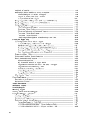 xiv 
Ordering of Triggers .......................................................................................................................... 9-8 
Modifying Complex Views (INSTEAD OF Triggers) ................................................................... 9-8 
Views that Require INSTEAD OF Triggers............................................................................. 9-9 
Triggers on Nested Table View Columns ............................................................................... 9-9 
Example: INSTEAD OF Trigger............................................................................................. 9-11 
Firing Triggers One or Many Times (FOR EACH ROW Option) ........................................... 9-12 
Firing Triggers Based on Conditions (WHEN Clause) ............................................................. 9-13 
Compound Triggers........................................................................................................................ 9-13 
Why Use Compound Triggers? ............................................................................................. 9-13 
Compound Trigger Sections................................................................................................... 9-14 
Triggering Statements of Compound Triggers.................................................................... 9-15 
Compound Trigger Restrictions ............................................................................................ 9-15 
Compound Trigger Example ................................................................................................. 9-16 
Using Compound Triggers to Avoid Mutating-Table Error ............................................. 9-18 
Coding the Trigger Body ..................................................................................................................... 9-18 
Accessing Column Values in Row Triggers ............................................................................... 9-20 
Example: Modifying LOB Columns with a Trigger............................................................ 9-20 
INSTEAD OF Triggers on Nested Table View Columns ................................................... 9-21 
Avoiding Trigger Name Conflicts (REFERENCING Option) .......................................... 9-21 
Detecting the DML Operation that Fired a Trigger ............................................................ 9-22 
Error Conditions and Exceptions in the Trigger Body ...................................................... 9-22 
Triggers on Object Tables............................................................................................................... 9-22 
Triggers and Handling Remote Exceptions ............................................................................... 9-23 
Restrictions on Creating Triggers ................................................................................................ 9-24 
Maximum Trigger Size............................................................................................................ 9-24 
SQL Statements Allowed in Trigger Bodies......................................................................... 9-25 
Trigger Restrictions on LONG and LONG RAW Data Types .......................................... 9-25 
Trigger Restrictions on Mutating Tables .............................................................................. 9-25 
Restrictions on Mutating Tables Relaxed ............................................................................. 9-26 
System Trigger Restrictions.................................................................................................... 9-27 
Foreign Function Callouts ...................................................................................................... 9-27 
Who Uses the Trigger? ................................................................................................................... 9-27 
Compiling Triggers .............................................................................................................................. 9-27 
Dependencies for Triggers ............................................................................................................ 9-28 
Recompiling Triggers .................................................................................................................... 9-28 
Modifying Triggers ............................................................................................................................... 9-29 
Debugging Triggers .............................................................................................................................. 9-29 
Enabling Triggers .................................................................................................................................. 9-29 
Disabling Triggers................................................................................................................................. 9-29 
Viewing Information About Triggers................................................................................................ 9-30 
Examples of Trigger Applications ..................................................................................................... 9-31 
Auditing with Triggers................................................................................................................... 9-31 
Contraints and Triggers ................................................................................................................. 9-35 
Referential Integrity Using Triggers............................................................................................. 9-36 
Foreign Key Trigger for Child Table..................................................................................... 9-37 
UPDATE and DELETE RESTRICT Trigger for Parent Table ............................................ 9-37 
UPDATE and DELETE SET NULL Triggers for Parent Table .......................................... 9-38 
 