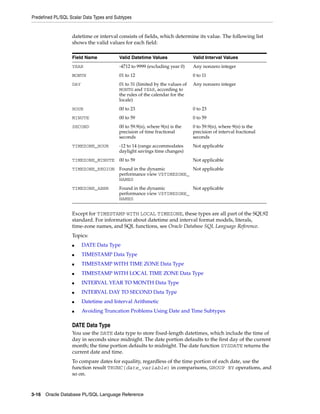 Predefined PL/SQL Scalar Data Types and Subtypes 
datetime or interval consists of fields, which determine its value. The following list 
shows the valid values for each field: 
Field Name Valid Datetime Values Valid Interval Values 
YEAR -4712 to 9999 (excluding year 0) Any nonzero integer 
MONTH 01 to 12 0 to 11 
DAY 01 to 31 (limited by the values of 
MONTH and YEAR, according to 
the rules of the calendar for the 
locale) 
Except for TIMESTAMP WITH LOCAL TIMEZONE, these types are all part of the SQL92 
standard. For information about datetime and interval format models, literals, 
time-zone names, and SQL functions, see Oracle Database SQL Language Reference. 
Topics: 
■ DATE Data Type 
■ TIMESTAMP Data Type 
■ TIMESTAMP WITH TIME ZONE Data Type 
■ TIMESTAMP WITH LOCAL TIME ZONE Data Type 
■ INTERVAL YEAR TO MONTH Data Type 
■ INTERVAL DAY TO SECOND Data Type 
■ Datetime and Interval Arithmetic 
■ Avoiding Truncation Problems Using Date and Time Subtypes 
DATE Data Type 
You use the DATE data type to store fixed-length datetimes, which include the time of 
day in seconds since midnight. The date portion defaults to the first day of the current 
month; the time portion defaults to midnight. The date function SYSDATE returns the 
current date and time. 
To compare dates for equality, regardless of the time portion of each date, use the 
function result TRUNC(date_variable) in comparisons, GROUP BY operations, and 
so on. 
3-16 Oracle Database PL/SQL Language Reference 
Any nonzero integer 
HOUR 00 to 23 0 to 23 
MINUTE 00 to 59 0 to 59 
SECOND 00 to 59.9(n), where 9(n) is the 
precision of time fractional 
seconds 
0 to 59.9(n), where 9(n) is the 
precision of interval fractional 
seconds 
TIMEZONE_HOUR -12 to 14 (range accommodates 
daylight savings time changes) 
Not applicable 
TIMEZONE_MINUTE 00 to 59 Not applicable 
TIMEZONE_REGION Found in the dynamic 
performance view V$TIMEZONE_ 
NAMES 
Not applicable 
TIMEZONE_ABBR Found in the dynamic 
performance view V$TIMEZONE_ 
NAMES 
Not applicable 
 