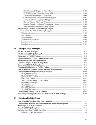 DELETE Cascade Trigger for Parent Table.......................................................................... 9-39 
UPDATE Cascade Trigger for Parent Table......................................................................... 9-39 
Trigger for Complex Check Constraints............................................................................... 9-40 
Complex Security Authorizations and Triggers.................................................................. 9-41 
Transparent Event Logging and Triggers ............................................................................ 9-42 
Derived Column Values and Triggers .................................................................................. 9-42 
Building Complex Updatable Views Using Triggers ......................................................... 9-43 
Fine-Grained Access Control Using Triggers ...................................................................... 9-44 
Responding to Database Events Through Triggers ........................................................................ 9-45 
How Events Are Published Through Triggers ........................................................................... 9-45 
Publication Context......................................................................................................................... 9-46 
Error Handling ................................................................................................................................ 9-46 
Execution Model.............................................................................................................................. 9-46 
Event Attribute Functions.............................................................................................................. 9-46 
Database Events .............................................................................................................................. 9-50 
Client Events .................................................................................................................................... 9-51 
xv 
10 Using PL/SQL Packages 
What is a PL/SQL Package? ................................................................................................................. 10-1 
What Goes in a PL/SQL Package? ...................................................................................................... 10-2 
Advantages of PL/SQL Packages........................................................................................................ 10-3 
Understanding the PL/SQL Package Specification ........................................................................ 10-3 
Referencing PL/SQL Package Contents ............................................................................................ 10-4 
Understanding the PL/SQL Package Body....................................................................................... 10-5 
Examples of PL/SQL Package Features ............................................................................................. 10-6 
Private and Public Items in PL/SQL Packages ................................................................................ 10-9 
How STANDARD Package Defines the PL/SQL Environment................................................... 10-9 
Overview of Product-Specific PL/SQL Packages.......................................................................... 10-10 
DBMS_ALERT Package................................................................................................................ 10-10 
DBMS_OUTPUT Package............................................................................................................ 10-10 
DBMS_PIPE Package .................................................................................................................... 10-11 
DBMS_CONNECTION_POOL Package ................................................................................... 10-11 
HTF and HTP Packages ............................................................................................................... 10-11 
UTL_FILE Package........................................................................................................................ 10-11 
UTL_HTTP Package ..................................................................................................................... 10-11 
UTL_SMTP Package ..................................................................................................................... 10-11 
Guidelines for Writing PL/SQL Packages ...................................................................................... 10-12 
Separating Cursor Specifications and Bodies with PL/SQL Packages ..................................... 10-12 
11 Handling PL/SQL Errors 
Overview of PL/SQL Run-Time Error Handling ............................................................................ 11-1 
Guidelines for Avoiding and Handling PL/SQL Errors and Exceptions.................................... 11-2 
Advantages of PL/SQL Exceptions .................................................................................................... 11-3 
Predefined PL/SQL Exceptions........................................................................................................... 11-4 
Defining Your Own PL/SQL Exceptions .......................................................................................... 11-6 
Declaring PL/SQL Exceptions ...................................................................................................... 11-6 
 