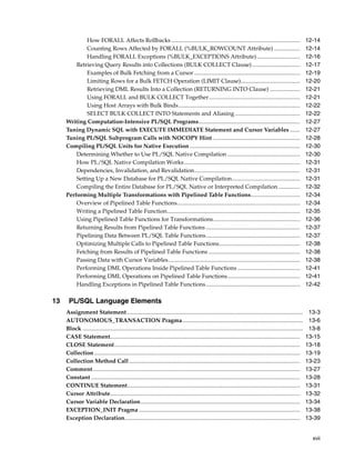 How FORALL Affects Rollbacks ......................................................................................... 12-14 
Counting Rows Affected by FORALL (%BULK_ROWCOUNT Attribute) .................. 12-14 
Handling FORALL Exceptions (%BULK_EXCEPTIONS Attribute).............................. 12-16 
Retrieving Query Results into Collections (BULK COLLECT Clause) ................................. 12-17 
Examples of Bulk Fetching from a Cursor ......................................................................... 12-19 
Limiting Rows for a Bulk FETCH Operation (LIMIT Clause)......................................... 12-20 
Retrieving DML Results Into a Collection (RETURNING INTO Clause) ..................... 12-21 
Using FORALL and BULK COLLECT Together............................................................... 12-21 
Using Host Arrays with Bulk Binds.................................................................................... 12-22 
SELECT BULK COLLECT INTO Statements and Aliasing............................................. 12-22 
Writing Computation-Intensive PL/SQL Programs...................................................................... 12-27 
Tuning Dynamic SQL with EXECUTE IMMEDIATE Statement and Cursor Variables ....... 12-27 
Tuning PL/SQL Subprogram Calls with NOCOPY Hint ............................................................ 12-28 
Compiling PL/SQL Units for Native Execution ............................................................................ 12-30 
Determining Whether to Use PL/SQL Native Compilation .................................................. 12-30 
How PL/SQL Native Compilation Works ................................................................................ 12-31 
Dependencies, Invalidation, and Revalidation......................................................................... 12-31 
Setting Up a New Database for PL/SQL Native Compilation............................................... 12-31 
Compiling the Entire Database for PL/SQL Native or Interpreted Compilation ............... 12-32 
Performing Multiple Transformations with Pipelined Table Functions.................................. 12-34 
Overview of Pipelined Table Functions..................................................................................... 12-34 
Writing a Pipelined Table Function............................................................................................ 12-35 
Using Pipelined Table Functions for Transformations............................................................ 12-36 
Returning Results from Pipelined Table Functions ................................................................. 12-37 
Pipelining Data Between PL/SQL Table Functions................................................................. 12-37 
Optimizing Multiple Calls to Pipelined Table Functions........................................................ 12-38 
Fetching from Results of Pipelined Table Functions ............................................................... 12-38 
Passing Data with Cursor Variables........................................................................................... 12-38 
Performing DML Operations Inside Pipelined Table Functions ........................................... 12-41 
Performing DML Operations on Pipelined Table Functions.................................................. 12-41 
Handling Exceptions in Pipelined Table Functions................................................................. 12-42 
xvii 
13 PL/SQL Language Elements 
Assignment Statement ......................................................................................................................... 13-3 
AUTONOMOUS_TRANSACTION Pragma................................................................................... 13-6 
Block ........................................................................................................................................................ 13-8 
CASE Statement................................................................................................................................... 13-15 
CLOSE Statement ................................................................................................................................ 13-18 
Collection.............................................................................................................................................. 13-19 
Collection Method Call ...................................................................................................................... 13-23 
Comment............................................................................................................................................... 13-27 
Constant ................................................................................................................................................ 13-28 
CONTINUE Statement....................................................................................................................... 13-31 
Cursor Attribute................................................................................................................................... 13-32 
Cursor Variable Declaration.............................................................................................................. 13-34 
EXCEPTION_INIT Pragma ............................................................................................................... 13-38 
Exception Declaration......................................................................................................................... 13-39 
 