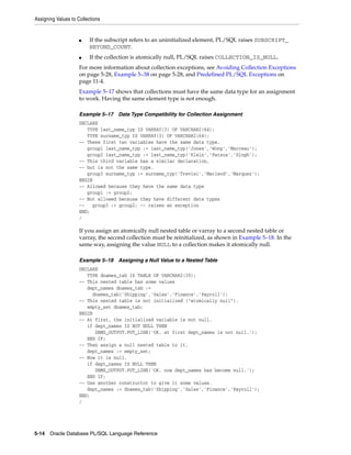 Assigning Values to Collections 
■ If the subscript refers to an uninitialized element, PL/SQL raises SUBSCRIPT_ 
BEYOND_COUNT. 
■ If the collection is atomically null, PL/SQL raises COLLECTION_IS_NULL. 
For more information about collection exceptions, see Avoiding Collection Exceptions 
on page 5-28, Example 5–38 on page 5-28, and Predefined PL/SQL Exceptions on 
page 11-4. 
Example 5–17 shows that collections must have the same data type for an assignment 
to work. Having the same element type is not enough. 
Example 5–17 Data Type Compatibility for Collection Assignment 
DECLARE 
TYPE last_name_typ IS VARRAY(3) OF VARCHAR2(64); 
TYPE surname_typ IS VARRAY(3) OF VARCHAR2(64); 
-- These first two variables have the same data type. 
group1 last_name_typ := last_name_typ('Jones','Wong','Marceau'); 
group2 last_name_typ := last_name_typ('Klein','Patsos','Singh'); 
-- This third variable has a similar declaration, 
-- but is not the same type. 
group3 surname_typ := surname_typ('Trevisi','Macleod','Marquez'); 
BEGIN 
-- Allowed because they have the same data type 
group1 := group2; 
-- Not allowed because they have different data types 
-- group3 := group2; -- raises an exception 
END; 
/ 
If you assign an atomically null nested table or varray to a second nested table or 
varray, the second collection must be reinitialized, as shown in Example 5–18. In the 
same way, assigning the value NULL to a collection makes it atomically null. 
Example 5–18 Assigning a Null Value to a Nested Table 
DECLARE 
TYPE dnames_tab IS TABLE OF VARCHAR2(30); 
-- This nested table has some values 
dept_names dnames_tab := 
dnames_tab('Shipping','Sales','Finance','Payroll'); 
-- This nested table is not initialized ("atomically null"). 
empty_set dnames_tab; 
BEGIN 
-- At first, the initialized variable is not null. 
if dept_names IS NOT NULL THEN 
DBMS_OUTPUT.PUT_LINE('OK, at first dept_names is not null.'); 
END IF; 
-- Then assign a null nested table to it. 
dept_names := empty_set; 
-- Now it is null. 
if dept_names IS NULL THEN 
DBMS_OUTPUT.PUT_LINE('OK, now dept_names has become null.'); 
END IF; 
-- Use another constructor to give it some values. 
dept_names := dnames_tab('Shipping','Sales','Finance','Payroll'); 
END; 
/ 
5-14 Oracle Database PL/SQL Language Reference 
 
