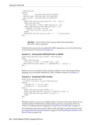 Description of Static SQL 
FROM employees; 
DECLARE 
emp_id employees_temp.employee_id%TYPE; 
emp_first_name employees_temp.first_name%TYPE; 
emp_last_name employees_temp.last_name%TYPE; 
BEGIN 
INSERT INTO employees_temp VALUES(299, 'Bob', 'Henry'); 
UPDATE employees_temp 
SET first_name = 'Robert' WHERE employee_id = 299; 
DELETE FROM employees_temp WHERE employee_id = 299 
RETURNING first_name, last_name 
INTO emp_first_name, emp_last_name; 
COMMIT; 
DBMS_OUTPUT.PUT_LINE( emp_first_name || ' ' || emp_last_name); 
END; 
/ 
See Also: Oracle Database SQL Language Referencefor information 
about the COMMIT statement 
To find out how many rows are affected by DML statements, you can check the value 
of SQL%ROWCOUNT as shown in Example 6–2. 
Example 6–2 Checking SQL%ROWCOUNT After an UPDATE 
CREATE TABLE employees_temp AS SELECT * FROM employees; 
BEGIN 
UPDATE employees_temp 
SET salary = salary * 1.05 WHERE salary < 5000; 
DBMS_OUTPUT.PUT_LINE('Updated ' || SQL%ROWCOUNT || ' salaries.'); 
END; 
/ 
Wherever you can use literal values, or bind variables in some other programming 
language, you can directly substitute PL/SQL variables as shown in Example 6–3. 
Example 6–3 Substituting PL/SQL Variables 
CREATE TABLE employees_temp 
AS SELECT first_name, last_name FROM employees; 
DECLARE 
x VARCHAR2(20) := 'my_first_name'; 
y VARCHAR2(25) := 'my_last_name'; 
BEGIN 
INSERT INTO employees_temp VALUES(x, y); 
UPDATE employees_temp SET last_name = x WHERE first_name = y; 
DELETE FROM employees_temp WHERE first_name = x; 
COMMIT; 
END; 
/ 
With this notation, you can use variables in place of values in the WHERE clause. To use 
variables in place of table names, column names, and so on, requires the EXECUTE 
IMMEDIATE statement that is explained in Using Native Dynamic SQL on page 7-2. 
For information about the use of PL/SQL records with SQL to update and insert data, 
see Inserting Records Into the Database on page 5-36 and Updating the Database with 
Record Values on page 5-36. 
6-2 Oracle Database PL/SQL Language Reference 
 