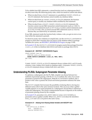 Understanding PL/SQL Subprogram Parameter Aliasing 
To be callable from SQL statements, a stored function (and any subprograms that it 
invokes) must obey the following purity rules, which are meant to control side effects: 
■ When invoked from a SELECT statement or a parallelized INSERT, UPDATE, or 
DELETE statement, the function cannot modify any database tables. 
■ When invoked from an INSERT, UPDATE, or DELETE statement, the function 
cannot query or modify any database tables modified by that statement. 
■ When invoked from a SELECT, INSERT, UPDATE, or DELETE statement, the 
function cannot execute SQL transaction control statements (such as COMMIT), 
session control statements (such as SET ROLE), or system control statements (such 
as ALTER SYSTEM). Also, it cannot execute DDL statements (such as CREATE) 
because they are followed by an automatic commit. 
If any SQL statement inside the function body violates a rule, you get an error at run 
time (when the statement is parsed). 
To check for purity rule violations at compile time, use the RESTRICT_REFERENCES 
pragma to assert that a function does not read or write database tables or package 
variables (for syntax, see RESTRICT_REFERENCES Pragma on page 13-98). 
In Example 8–20, the RESTRICT_REFERENCES pragma asserts that packaged function 
credit_ok writes no database state (WNDS) and reads no package state (RNPS). 
Using PL/SQL Subprograms 8-25 
Example 8–20 RESTRICT_REFERENCES Pragma 
CREATE PACKAGE loans AS 
FUNCTION credit_ok RETURN BOOLEAN; 
PRAGMA RESTRICT_REFERENCES (credit_ok, WNDS, RNPS); 
END loans; 
/ 
A static INSERT, UPDATE, or DELETE statement always violates WNDS, and if it reads 
columns, it also violates RNDS (reads no database state). A dynamic INSERT, UPDATE, 
or DELETE statement always violates both WNDS and RNDS. 
Understanding PL/SQL Subprogram Parameter Aliasing 
To optimize a subprogram call, the PL/SQL compiler can choose between two 
methods of parameter passing. with the BY VALUE method, the value of an actual 
parameter is passed to the subprogram. With the BY REFERENCE method, only a 
pointer to the value is passed; the actual and formal parameters reference the same 
item. 
The NOCOPY compiler hint increases the possibility of aliasing (that is, having two 
different names refer to the same memory location). This can occur when a global 
variable appears as an actual parameter in a subprogram call and then is referenced 
within the subprogram. The result is indeterminate because it depends on the method 
of parameter passing chosen by the compiler. 
In Example 8–21, procedure ADD_ENTRY refers to varray LEXICON both as a 
parameter and as a global variable. When ADD_ENTRY is invoked, the identifiers 
WORD_LIST and LEXICON point to the same varray. 
Example 8–21 Aliasing from Passing Global Variable with NOCOPY Hint 
DECLARE 
TYPE Definition IS RECORD ( 
word VARCHAR2(20), 
meaning VARCHAR2(200)); 
 