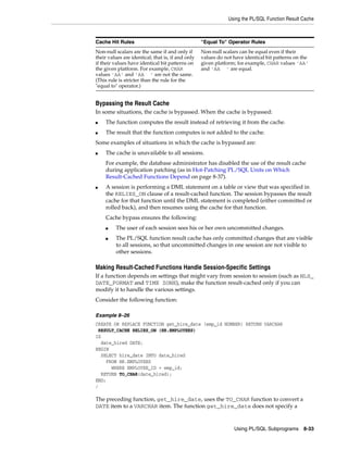 Using the PL/SQL Function Result Cache 
Cache Hit Rules "Equal To" Operator Rules 
Non-null scalars are the same if and only if 
their values are identical; that is, if and only 
if their values have identical bit patterns on 
the given platform. For example, CHAR 
values 'AA' and 'AA ' are not the same. 
(This rule is stricter than the rule for the 
"equal to" operator.) 
Non-null scalars can be equal even if their 
values do not have identical bit patterns on the 
given platform; for example, CHAR values 'AA' 
and 'AA ' are equal. 
Bypassing the Result Cache 
In some situations, the cache is bypassed. When the cache is bypassed: 
■ The function computes the result instead of retrieving it from the cache. 
■ The result that the function computes is not added to the cache. 
Some examples of situations in which the cache is bypassed are: 
Using PL/SQL Subprograms 8-33 
■ The cache is unavailable to all sessions. 
For example, the database administrator has disabled the use of the result cache 
during application patching (as in Hot-Patching PL/SQL Units on Which 
Result-Cached Functions Depend on page 8-37). 
■ A session is performing a DML statement on a table or view that was specified in 
the RELIES_ON clause of a result-cached function. The session bypasses the result 
cache for that function until the DML statement is completed (either committed or 
rolled back), and then resumes using the cache for that function. 
Cache bypass ensures the following: 
■ The user of each session sees his or her own uncommitted changes. 
■ The PL/SQL function result cache has only committed changes that are visible 
to all sessions, so that uncommitted changes in one session are not visible to 
other sessions. 
Making Result-Cached Functions Handle Session-Specific Settings 
If a function depends on settings that might vary from session to session (such as NLS_ 
DATE_FORMAT and TIME ZONE), make the function result-cached only if you can 
modify it to handle the various settings. 
Consider the following function: 
Example 8–26 
CREATE OR REPLACE FUNCTION get_hire_date (emp_id NUMBER) RETURN VARCHAR 
RESULT_CACHE RELIES_ON (HR.EMPLOYEES) 
IS 
date_hired DATE; 
BEGIN 
SELECT hire_date INTO date_hired 
FROM HR.EMPLOYEES 
WHERE EMPLOYEE_ID = emp_id; 
RETURN TO_CHAR(date_hired); 
END; 
/ 
The preceding function, get_hire_date, uses the TO_CHAR function to convert a 
DATE item to a VARCHAR item. The function get_hire_date does not specify a 
 