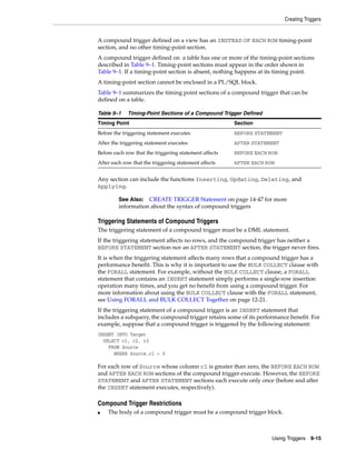 Creating Triggers 
A compound trigger defined on a view has an INSTEAD OF EACH ROW timing-point 
section, and no other timing-point section. 
A compound trigger defined on a table has one or more of the timing-point sections 
described in Table 9–1. Timing-point sections must appear in the order shown in 
Table 9–1. If a timing-point section is absent, nothing happens at its timing point. 
A timing-point section cannot be enclosed in a PL/SQL block. 
Table 9–1 summarizes the timing point sections of a compound trigger that can be 
defined on a table. 
Table 9–1 Timing-Point Sections of a Compound Trigger Defined 
Timing Point Section 
Before the triggering statement executes BEFORE STATEMENT 
After the triggering statement executes AFTER STATEMENT 
Before each row that the triggering statement affects BEFORE EACH ROW 
After each row that the triggering statement affects AFTER EACH ROW 
Any section can include the functions Inserting, Updating, Deleting, and 
Applying. 
See Also: CREATE TRIGGER Statement on page 14-47 for more 
information about the syntax of compound triggers 
Triggering Statements of Compound Triggers 
The triggering statement of a compound trigger must be a DML statement. 
If the triggering statement affects no rows, and the compound trigger has neither a 
BEFORE STATEMENT section nor an AFTER STATEMENT section, the trigger never fires. 
It is when the triggering statement affects many rows that a compound trigger has a 
performance benefit. This is why it is important to use the BULK COLLECT clause with 
the FORALL statement. For example, without the BULK COLLECT clause, a FORALL 
statement that contains an INSERT statement simply performs a single-row insertion 
operation many times, and you get no benefit from using a compound trigger. For 
more information about using the BULK COLLECT clause with the FORALL statement, 
see Using FORALL and BULK COLLECT Together on page 12-21. 
If the triggering statement of a compound trigger is an INSERT statement that 
includes a subquery, the compound trigger retains some of its performance benefit. For 
example, suppose that a compound trigger is triggered by the following statement: 
INSERT INTO Target 
SELECT c1, c2, c3 
Using Triggers 9-15 
FROM Source 
WHERE Source.c1 > 0 
For each row of Source whose column c1 is greater than zero, the BEFORE EACH ROW 
and AFTER EACH ROW sections of the compound trigger execute. However, the BEFORE 
STATEMENT and AFTER STATEMENT sections each execute only once (before and after 
the INSERT statement executes, respectively). 
Compound Trigger Restrictions 
■ The body of a compound trigger must be a compound trigger block. 
 