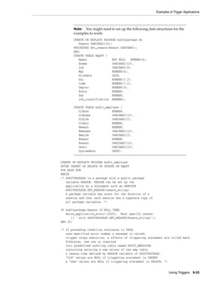 Examples of Trigger Applications 
Note: You might need to set up the following data structures for the 
examples to work: 
CREATE OR REPLACE PACKAGE Auditpackage AS 
Using Triggers 9-33 
Reason VARCHAR2(10); 
PROCEDURE Set_reason(Reason VARCHAR2); 
END; 
CREATE TABLE Emp99 ( 
Empno NOT NULL NUMBER(4), 
Ename VARCHAR2(10), 
Job VARCHAR2(9), 
Mgr NUMBER(4), 
Hiredate DATE, 
Sal NUMBER(7,2), 
Comm NUMBER(7,2), 
Deptno NUMBER(2), 
Bonus NUMBER, 
Ssn NUMBER, 
Job_classification NUMBER); 
CREATE TABLE Audit_employee ( 
Oldssn NUMBER, 
Oldname VARCHAR2(10), 
Oldjob VARCHAR2(2), 
Oldsal NUMBER, 
Newssn NUMBER, 
Newname VARCHAR2(10), 
Newjob VARCHAR2(2), 
Newsal NUMBER, 
Reason VARCHAR2(10), 
User1 VARCHAR2(10), 
Systemdate DATE); 
CREATE OR REPLACE TRIGGER Audit_employee 
AFTER INSERT OR DELETE OR UPDATE ON Emp99 
FOR EACH ROW 
BEGIN 
/* AUDITPACKAGE is a package with a public package 
variable REASON. REASON can be set by the 
application by a statement such as EXECUTE 
AUDITPACKAGE.SET_REASON(reason_string). 
A package variable has state for the duration of a 
session and that each session has a separate copy of 
all package variables. */ 
IF Auditpackage.Reason IS NULL THEN 
Raise_application_error(-20201, 'Must specify reason' 
|| ' with AUDITPACKAGE.SET_REASON(Reason_string)'); 
END IF; 
/* If preceding condition evaluates to TRUE, 
user-specified error number & message is raised, 
trigger stops execution, & effects of triggering statement are rolled back. 
Otherwise, new row is inserted 
into predefined auditing table named AUDIT_EMPLOYEE 
containing existing & new values of the emp table 
& reason code defined by REASON variable of AUDITPACKAGE. 
"Old" values are NULL if triggering statement is INSERT 
& "new" values are NULL if triggering statement is DELETE. */ 
 