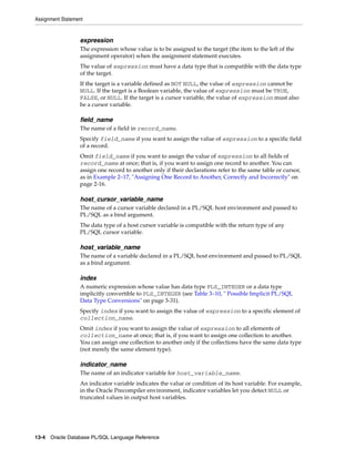 Assignment Statement 
expression 
The expression whose value is to be assigned to the target (the item to the left of the 
assignment operator) when the assignment statement executes. 
The value of expression must have a data type that is compatible with the data type 
of the target. 
If the target is a variable defined as NOT NULL, the value of expression cannot be 
NULL. If the target is a Boolean variable, the value of expression must be TRUE, 
FALSE, or NULL. If the target is a cursor variable, the value of expression must also 
be a cursor variable. 
field_name 
The name of a field in record_name. 
Specify field_name if you want to assign the value of expression to a specific field 
of a record. 
Omit field_name if you want to assign the value of expression to all fields of 
record_name at once; that is, if you want to assign one record to another. You can 
assign one record to another only if their declarations refer to the same table or cursor, 
as in Example 2–17, "Assigning One Record to Another, Correctly and Incorrectly" on 
page 2-16. 
host_cursor_variable_name 
The name of a cursor variable declared in a PL/SQL host environment and passed to 
PL/SQL as a bind argument. 
The data type of a host cursor variable is compatible with the return type of any 
PL/SQL cursor variable. 
host_variable_name 
The name of a variable declared in a PL/SQL host environment and passed to PL/SQL 
as a bind argument. 
index 
A numeric expression whose value has data type PLS_INTEGER or a data type 
implicitly convertible to PLS_INTEGER (see Table 3–10, " Possible Implicit PL/SQL 
Data Type Conversions" on page 3-31). 
Specify index if you want to assign the value of expression to a specific element of 
collection_name. 
Omit index if you want to assign the value of expression to all elements of 
collection_name at once; that is, if you want to assign one collection to another. 
You can assign one collection to another only if the collections have the same data type 
(not merely the same element type). 
indicator_name 
The name of an indicator variable for host_variable_name. 
An indicator variable indicates the value or condition of its host variable. For example, 
in the Oracle Precompiler environment, indicator variables let you detect NULL or 
truncated values in output host variables. 
13-4 Oracle Database PL/SQL Language Reference 
 