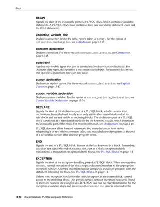 Block 
BEGIN 
Signals the start of the executable part of a PL/SQL block, which contains executable 
statements. A PL/SQL block must contain at least one executable statement (even just 
the NULL statement). 
collection_variable_dec 
Declares a collection (index-by table, nested table, or varray). For the syntax of 
collection_declaration, see Collection on page 13-19. 
constant_declaration 
Declares a constant. For the syntax of constant_declaration, see Constant on 
page 13-28. 
constraint 
Applies only to data types that can be constrained such as CHAR and NUMBER. For 
character data types, this specifies a maximum size in bytes. For numeric data types, 
this specifies a maximum precision and scale. 
cursor_declaration 
Declares an explicit cursor. For the syntax of cursor_declaration, see Explicit 
Cursor on page 13-47. 
cursor_variable_declaration 
Declares a cursor variable. For the syntax of cursor_variable_declaration, see 
Cursor Variable Declaration on page 13-34. 
DECLARE 
Signals the start of the declarative part of a PL/SQL block, which contains local 
declarations. Items declared locally exist only within the current block and all its 
sub-blocks and are not visible to enclosing blocks. The declarative part of a PL/SQL 
block is optional. It is terminated implicitly by the keyword BEGIN, which introduces 
the executable part of the block. For more information, see Declarations on page 2-10. 
PL/SQL does not allow forward references. You must declare an item before 
referencing it in any other statements. Also, you must declare subprograms at the end 
of a declarative section after all other program items. 
END 
Signals the end of a PL/SQL block. It must be the last keyword in a block. Remember, 
END does not signal the end of a transaction. Just as a block can span multiple 
transactions, a transaction can span multiple blocks. See PL/SQL Blocks on page 1-4. 
EXCEPTION 
Signals the start of the exception-handling part of a PL/SQL block. When an exception 
is raised, normal execution of the block stops and control transfers to the appropriate 
exception handler. After the exception handler completes, execution proceeds with the 
statement following the block. See PL/SQL Blocks on page 1-4. 
If there is no exception handler for the raised exception in the current block, control 
passes to the enclosing block. This process repeats until an exception handler is found 
or there are no more enclosing blocks. If PL/SQL can find no exception handler for the 
exception, execution stops and an unhandled exception error is returned to the 
13-12 Oracle Database PL/SQL Language Reference 
 