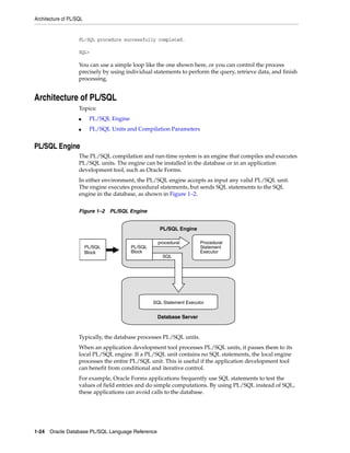 Architecture of PL/SQL 
PL/SQL procedure successfully completed. 
SQL> 
You can use a simple loop like the one shown here, or you can control the process 
precisely by using individual statements to perform the query, retrieve data, and finish 
processing. 
Architecture of PL/SQL 
Topics: 
■ PL/SQL Engine 
■ PL/SQL Units and Compilation Parameters 
PL/SQL Engine 
The PL/SQL compilation and run-time system is an engine that compiles and executes 
PL/SQL units. The engine can be installed in the database or in an application 
development tool, such as Oracle Forms. 
In either environment, the PL/SQL engine accepts as input any valid PL/SQL unit. 
The engine executes procedural statements, but sends SQL statements to the SQL 
engine in the database, as shown in Figure 1–2. 
Figure 1–2 PL/SQL Engine 
procedural 
SQL Statement Executor 
Typically, the database processes PL/SQL units. 
When an application development tool processes PL/SQL units, it passes them to its 
local PL/SQL engine. If a PL/SQL unit contains no SQL statements, the local engine 
processes the entire PL/SQL unit. This is useful if the application development tool 
can benefit from conditional and iterative control. 
For example, Oracle Forms applications frequently use SQL statements to test the 
values of field entries and do simple computations. By using PL/SQL instead of SQL, 
these applications can avoid calls to the database. 
1-24 Oracle Database PL/SQL Language Reference 
PL/SQL Engine 
Database Server 
PL/SQL 
Block 
Procedural 
Statement 
Executor 
SQL 
PL/SQL 
Block 
 