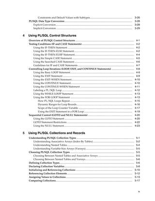 Constraints and Default Values with Subtypes................................................................... 3-26 
PL/SQL Data Type Conversion........................................................................................................... 3-28 
Explicit Conversion......................................................................................................................... 3-28 
Implicit Conversion ........................................................................................................................ 3-29 
ix 
4 Using PL/SQL Control Structures 
Overview of PL/SQL Control Structures ............................................................................................. 4-1 
Testing Conditions (IF and CASE Statements)................................................................................... 4-2 
Using the IF-THEN Statement ......................................................................................................... 4-2 
Using the IF-THEN-ELSE Statement............................................................................................... 4-2 
Using the IF-THEN-ELSIF Statement.............................................................................................. 4-4 
Using the Simple CASE Statement .................................................................................................. 4-5 
Using the Searched CASE Statement .............................................................................................. 4-6 
Guidelines for IF and CASE Statements ......................................................................................... 4-7 
Controlling Loop Iterations (LOOP, EXIT, and CONTINUE Statements) .................................... 4-8 
Using the Basic LOOP Statement..................................................................................................... 4-9 
Using the EXIT Statement ................................................................................................................. 4-9 
Using the EXIT-WHEN Statement................................................................................................ 4-10 
Using the CONTINUE Statement................................................................................................. 4-10 
Using the CONTINUE-WHEN Statement .................................................................................. 4-11 
Labeling a PL/SQL Loop ............................................................................................................... 4-12 
Using the WHILE-LOOP Statement............................................................................................. 4-13 
Using the FOR-LOOP Statement .................................................................................................. 4-13 
How PL/SQL Loops Repeat................................................................................................... 4-15 
Dynamic Ranges for Loop Bounds........................................................................................ 4-16 
Scope of the Loop Counter Variable ..................................................................................... 4-17 
Using the EXIT Statement in a FOR Loop............................................................................ 4-19 
Sequential Control (GOTO and NULL Statements) ...................................................................... 4-20 
Using the GOTO Statement ........................................................................................................... 4-20 
GOTO Statement Restrictions ....................................................................................................... 4-22 
Using the NULL Statement............................................................................................................ 4-23 
5 Using PL/SQL Collections and Records 
Understanding PL/SQL Collection Types ........................................................................................... 5-1 
Understanding Associative Arrays (Index-By Tables) ................................................................. 5-2 
Understanding Nested Tables.......................................................................................................... 5-4 
Understanding Variable-Size Arrays (Varrays)............................................................................. 5-5 
Choosing PL/SQL Collection Types ..................................................................................................... 5-5 
Choosing Between Nested Tables and Associative Arrays ......................................................... 5-5 
Choosing Between Nested Tables and Varrays............................................................................. 5-6 
Defining Collection Types...................................................................................................................... 5-6 
Declaring Collection Variables.............................................................................................................. 5-8 
Initializing and Referencing Collections ......................................................................................... 5-10 
Referencing Collection Elements....................................................................................................... 5-12 
Assigning Values to Collections......................................................................................................... 5-13 
Comparing Collections......................................................................................................................... 5-17 
 
