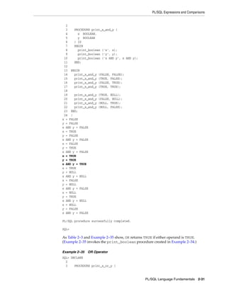 PL/SQL Expressions and Comparisons 
PL/SQL Language Fundamentals 2-31 
2 
3 PROCEDURE print_x_and_y ( 
4 x BOOLEAN, 
5 y BOOLEAN 
6 ) IS 
7 BEGIN 
8 print_boolean ('x', x); 
9 print_boolean ('y', y); 
10 print_boolean ('x AND y', x AND y); 
11 END; 
12 
13 BEGIN 
14 print_x_and_y (FALSE, FALSE); 
15 print_x_and_y (TRUE, FALSE); 
16 print_x_and_y (FALSE, TRUE); 
17 print_x_and_y (TRUE, TRUE); 
18 
19 print_x_and_y (TRUE, NULL); 
20 print_x_and_y (FALSE, NULL); 
21 print_x_and_y (NULL, TRUE); 
22 print_x_and_y (NULL, FALSE); 
23 END; 
24 / 
x = FALSE 
y = FALSE 
x AND y = FALSE 
x = TRUE 
y = FALSE 
x AND y = FALSE 
x = FALSE 
y = TRUE 
x AND y = FALSE 
x = TRUE 
y = TRUE 
x AND y = TRUE 
x = TRUE 
y = NULL 
x AND y = NULL 
x = FALSE 
y = NULL 
x AND y = FALSE 
x = NULL 
y = TRUE 
x AND y = NULL 
x = NULL 
y = FALSE 
x AND y = FALSE 
PL/SQL procedure successfully completed. 
SQL> 
As Table 2–3 and Example 2–35 show, OR returns TRUE if either operand is TRUE. 
(Example 2–35 invokes the print_boolean procedure created in Example 2–34.) 
Example 2–35 OR Operator 
SQL> DECLARE 
2 
3 PROCEDURE print_x_or_y ( 
 