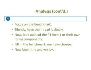 10
	
  	
  	
  	
  	
  	
  	
  	
  Analysis	
  (cont’d.)	
  
•  Focus	
  on	
  the	
  benchmark.	
  
•  Silently,	
  have	
  them	
  read	
  it	
  slowly.	
  
•  Now,	
  look	
  at/read	
  the	
  P1	
  form	
  (	
  or	
  their	
  own	
  
form)	
  components.	
  
•  Fill	
  in	
  the	
  benchmark	
  you	
  have	
  chosen.	
  
•  Now	
  begin	
  the	
  analysis	
  by…	
  
 