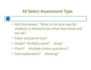 14
#2	
  Select	
  Assessment	
  Type	
  
•  Ask	
  themselves,	
  “What	
  is	
  the	
  best	
  way	
  for	
  
students	
  to	
  demonstrate	
  what	
  they	
  know	
  and	
  
can	
  do?	
  
•  Paper	
  and	
  pencil	
  test?	
  
•  Graph?	
  	
  Por^olio	
  work?	
  	
  	
  	
  	
  Song?	
  
•  Chart?	
  	
  	
  	
  	
  Mul=ple	
  choice	
  ques=ons?	
  
•  Oral	
  explana=on?	
  	
  	
  	
  	
  Drawing?	
  
 